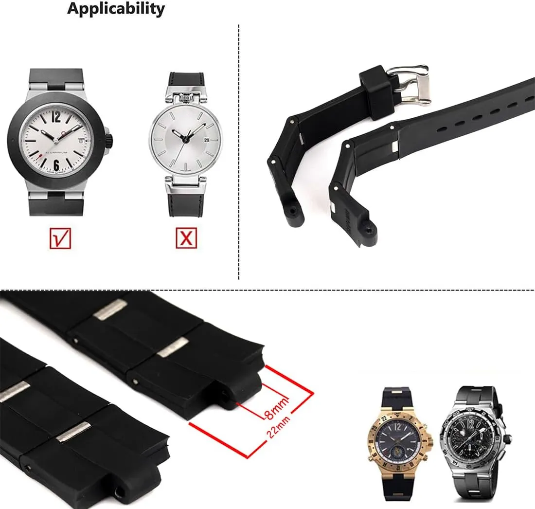 ZHUOLEI Black Silicone 22mm Rubber Watch Band Lug Width 8mm with Stainless Steel Buckle with Tool Replacement for Women's Watches